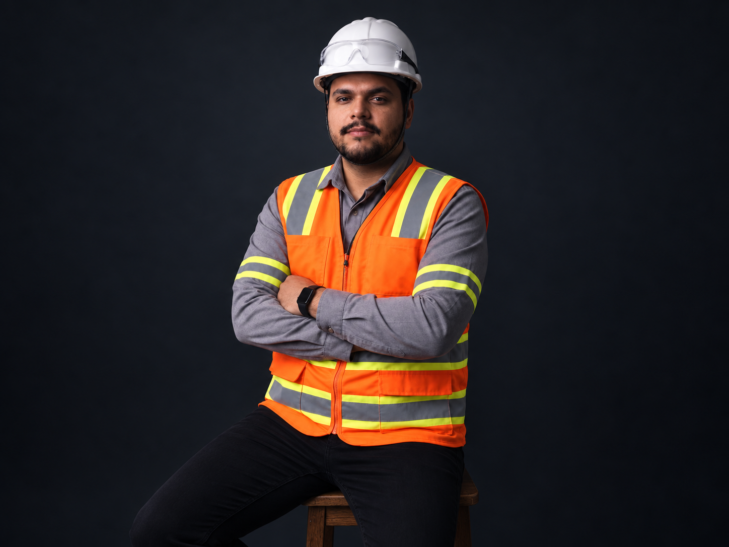 Alan Neves com capacete e colete de segurança, na seção SST - Saúde e Segurança do Trabalho